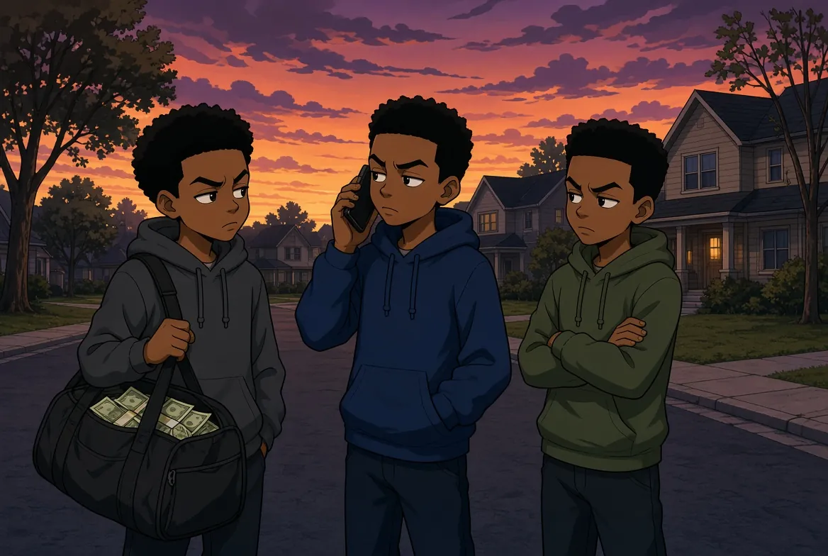 Three young men in hoodies on a quiet street at sunset, one on the phone, one holding a duffel bag full of cash