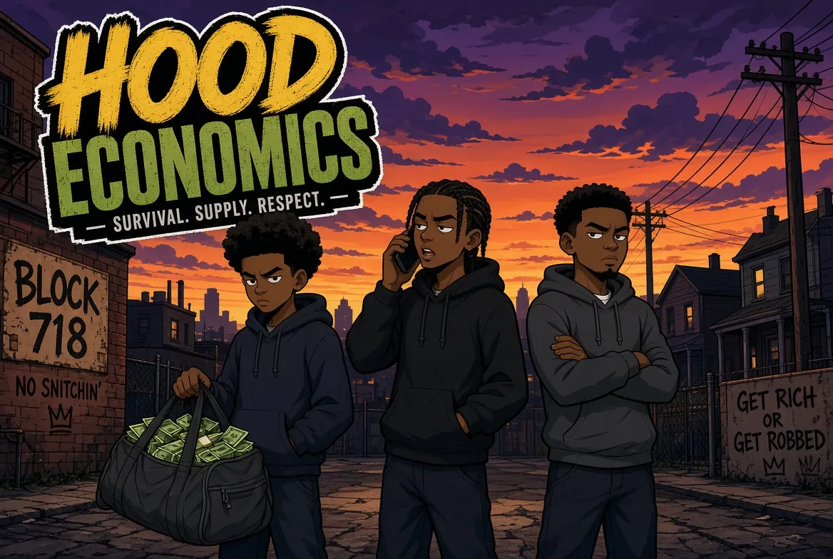 Three young men in hoodies on a city block at sunset, one carrying a bag of cash, under the Hood Economics logo