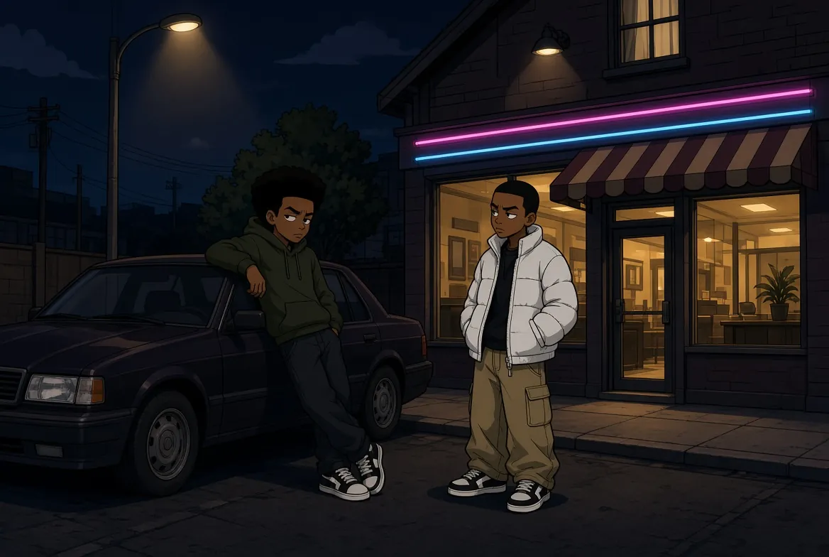 Two young men outside a neon-lit storefront at night, one leaning on a dark sedan