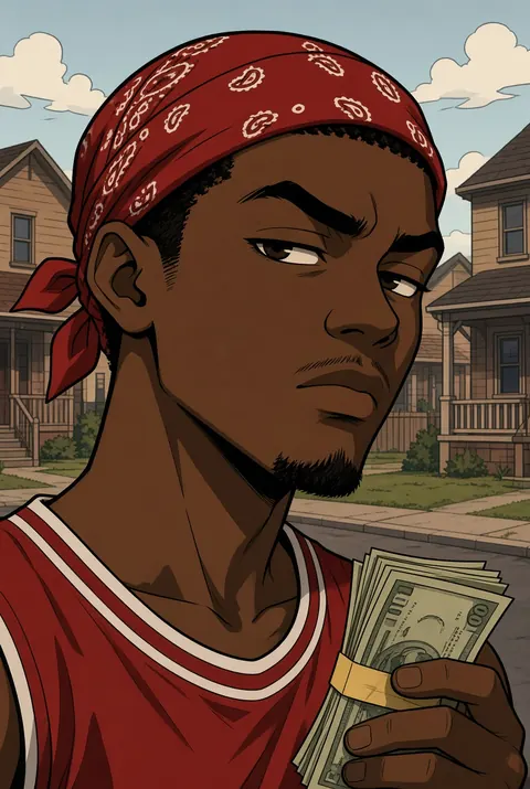 A young man in a red bandana holding a stack of cash on a residential street