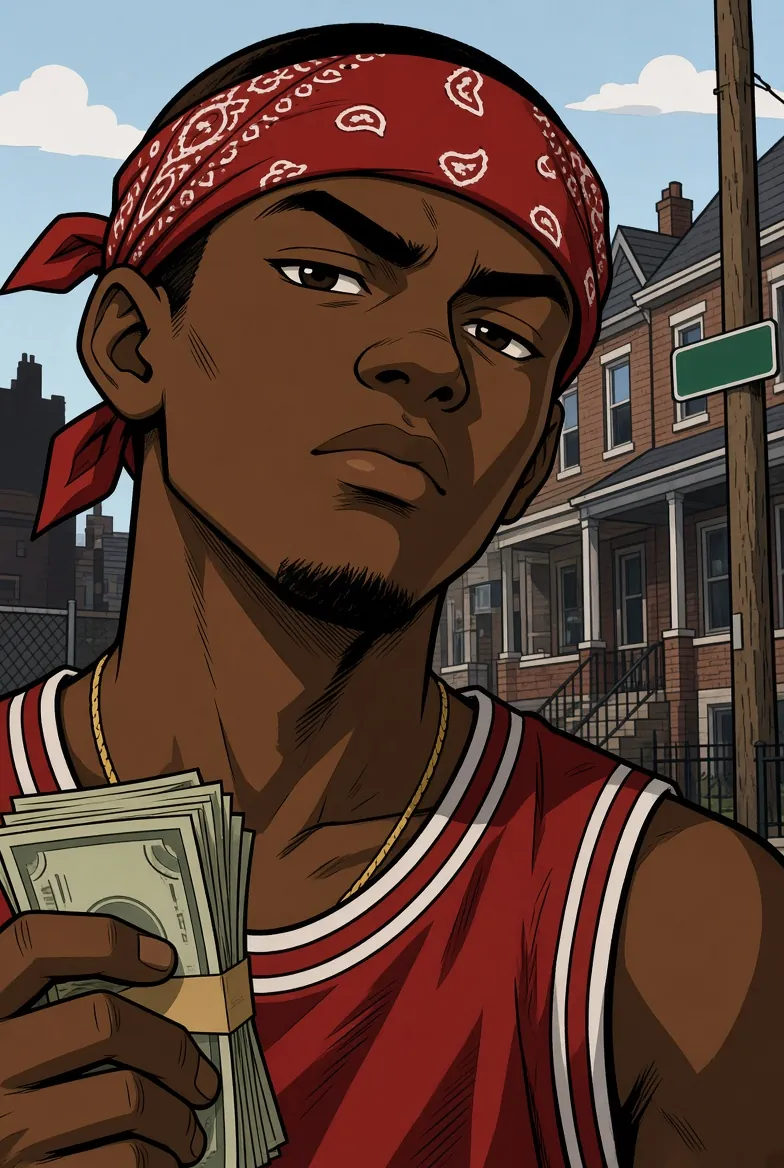 A young man in a red bandana and red jersey holding a stack of cash
