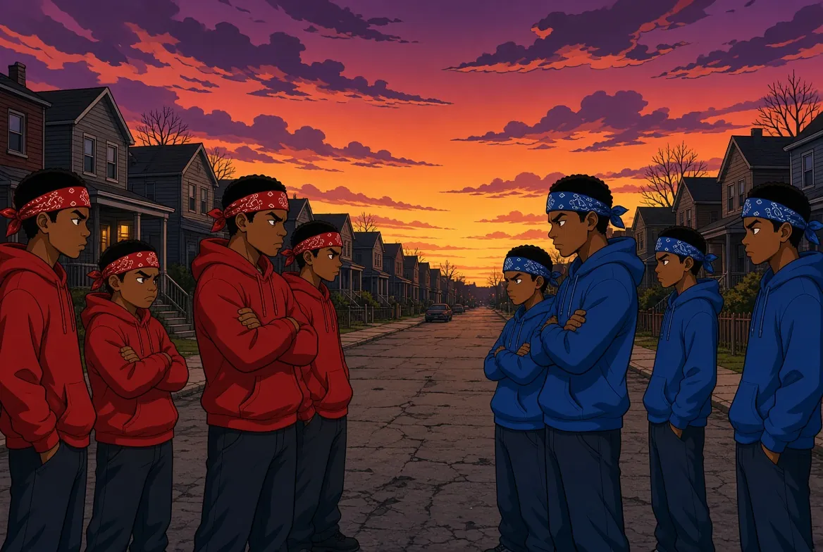 Bloods in red bandanas and Crips in blue bandanas face off across a cracked street at sunset