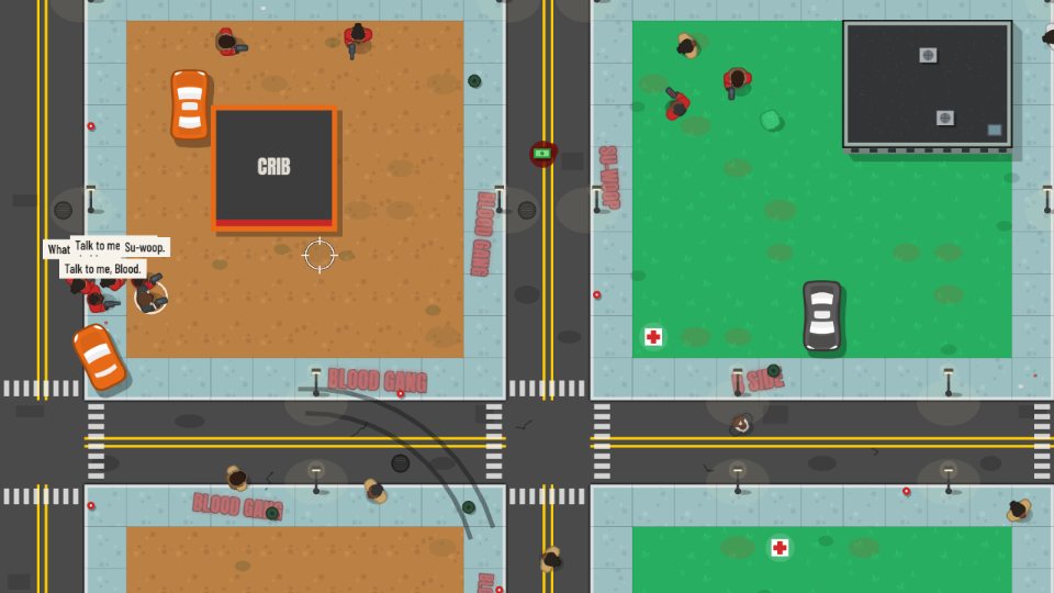 Hood Economics gameplay: a Bloods crew holding their block next to the crib