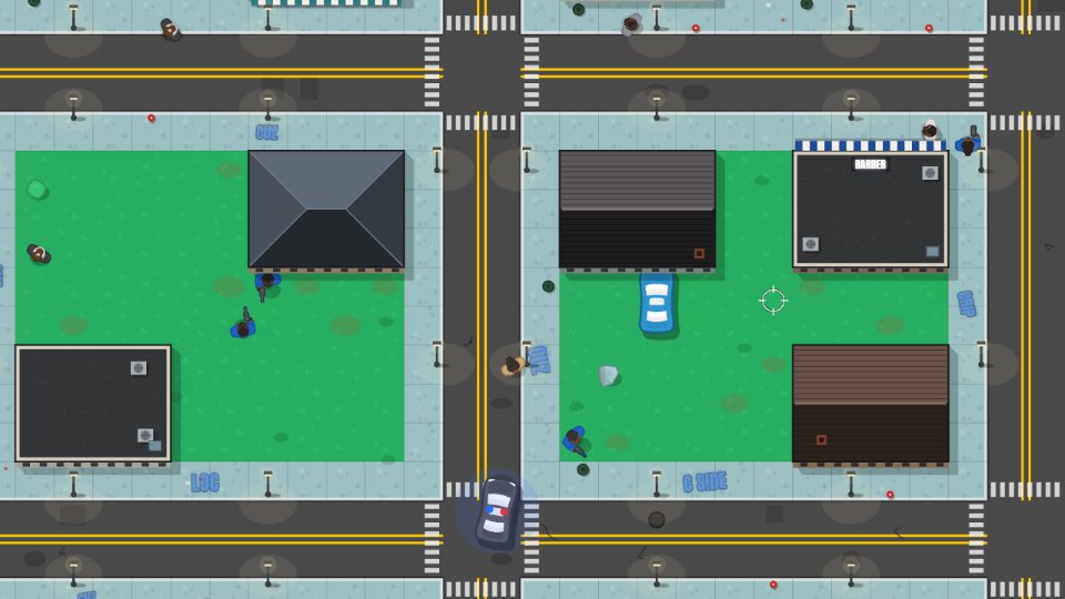 A police car with its lights on closing in on the player's stolen car in Hood Economics